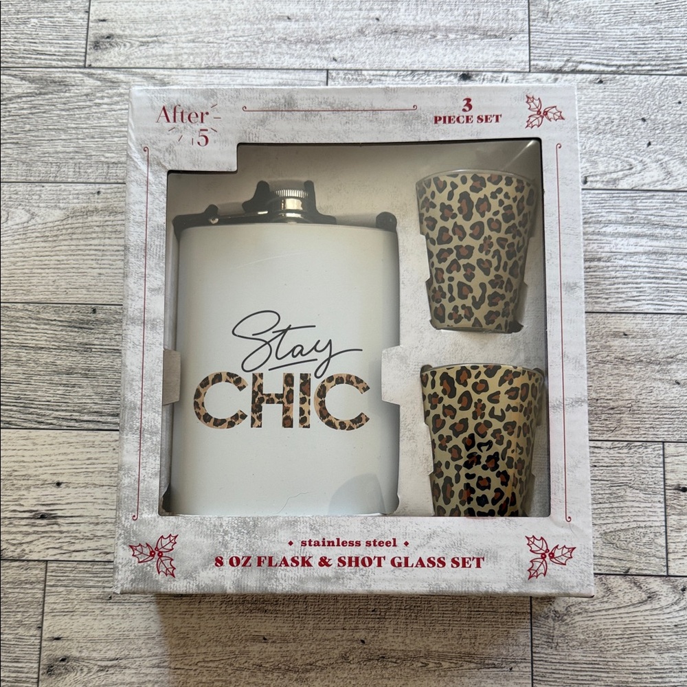Leopard Print Flask and Shot Glass Set New in Box